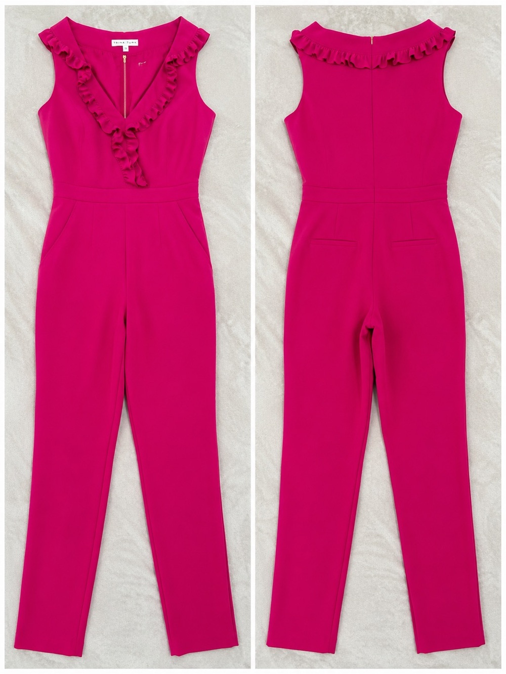 Trina Turk Fuchsia Ruffle V-Neck Sleeveless Jumpsuit